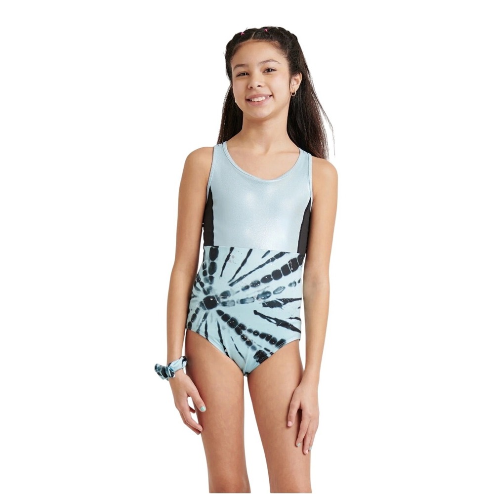 Justice Girls Strappy Back Leotard Blue‎ and Black with Scrunchie, XS NWT
